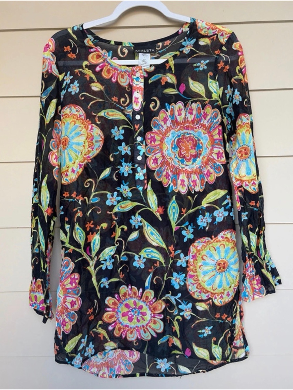 Athleta Black Floral Henley Tunic with Multicolor Blooms